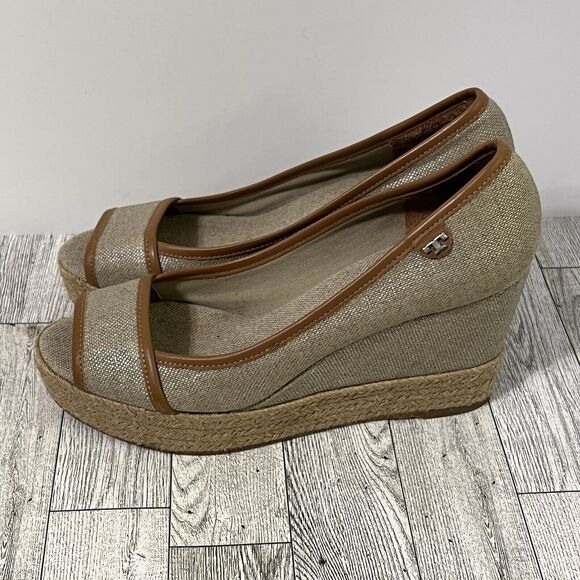 TORY BURCH MAJORCA Logo Wedge Espadrille Shoes Womens 8 EU 38 Plata Tan Metallic - Picture 14 of 17